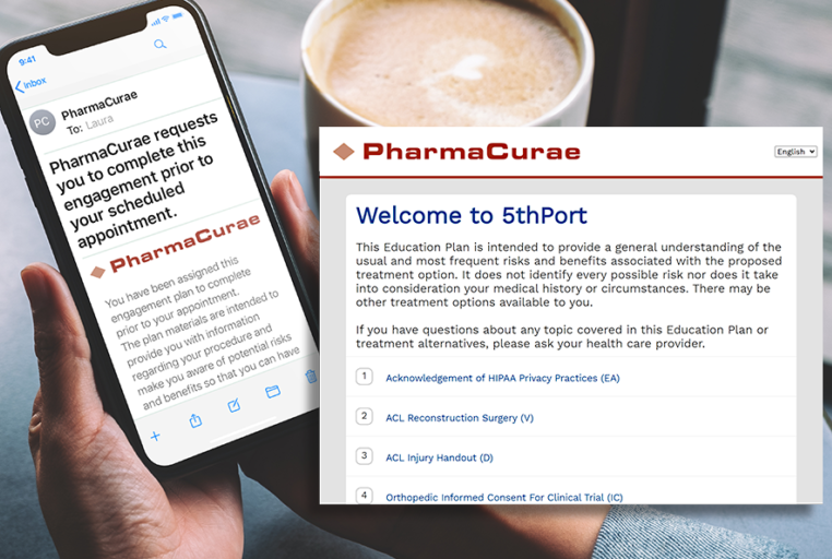 5thPort eConsent software - Image shows a patient holding a phone and interacting with 5thPort's eConsent software as is being used by a company called PharmaCurae. They're using it from the comfort of their home, and you can also see what the platform's engagement process looks like on a tablet, too.