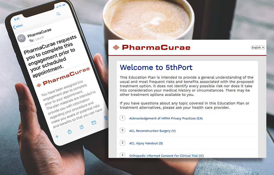 5thPort eConsent Software – Platform Engage Patients – Panel 3 5thPort eConsent software - Image shows a patient holding a phone and interacting with 5thPort's eConsent software as is being used by a company called PharmaCurae. They're using it from the comfort of their home, and you can also see what the platform's engagement process looks like on a tablet, too.