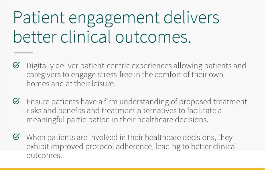 5thPort – Healthcare Clinical Outcomes – Panel 2 Patient engagement delivers better health outcomes and patient satisfactions. Digitally deliver patient-centric experiences allowing patients and caregivers to engage stress-free in the comfort of their own homes and at their leisure. Ensure patients have a firm understanding of proposed treatments risks and benefits and treatment alternatives to facilitate a meaningful participation in their healthcare decisions. When patients are involved in their healthcare decisions, they exhibit improved protocol adherence, leading to better clinical outcomes.